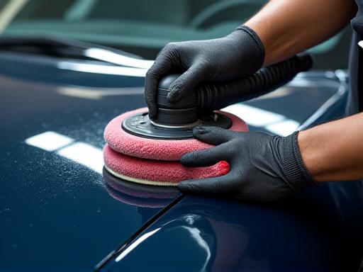 Tecnico professionista che lucida il cofano di un'auto scura